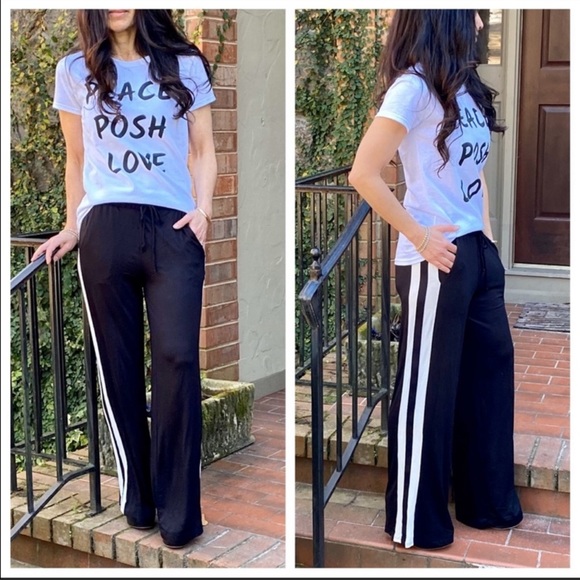 Black wide leg white side striped pants w/pockets - Picture 6 of 6